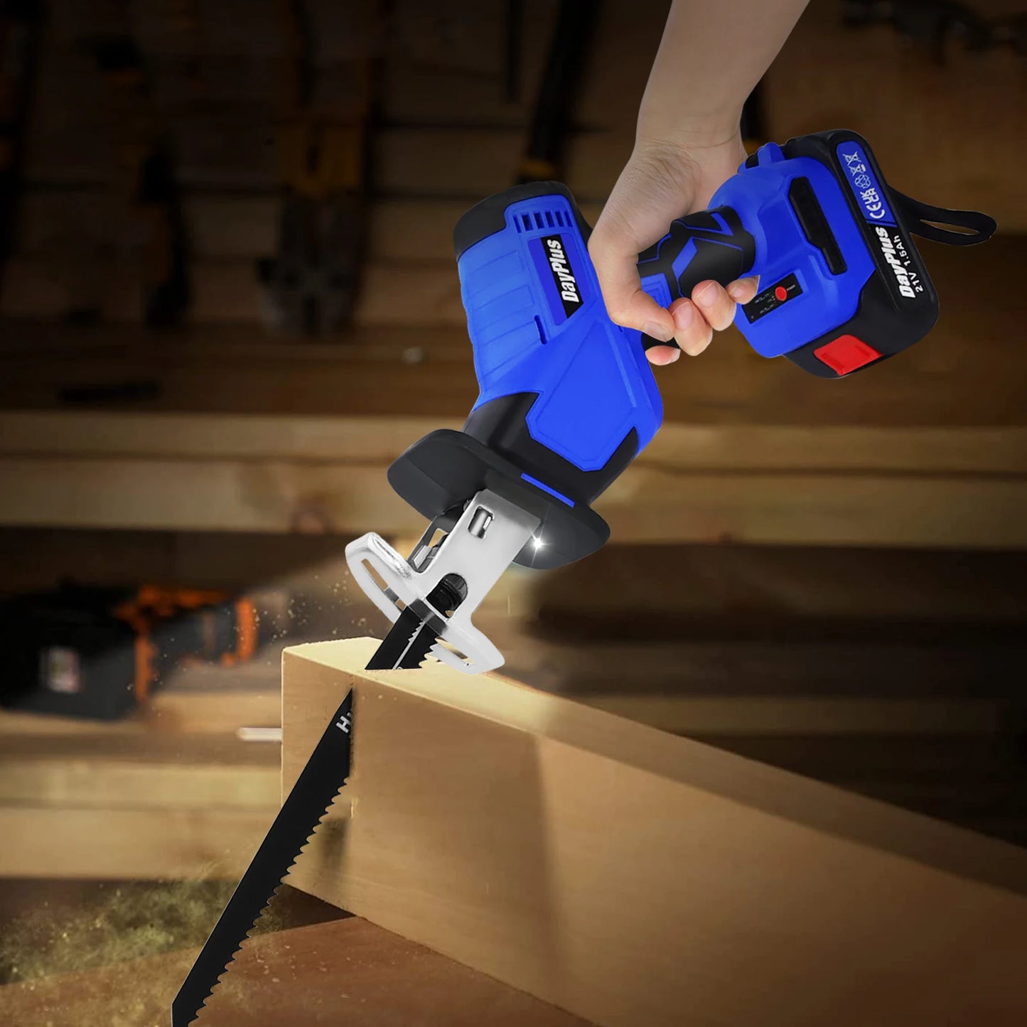 DayPlus Brushless Reciprocating Saw 21V Electric Cordless Reciprocating Saw for Cutting Wood and metal With Battery & 4 Saw Blades