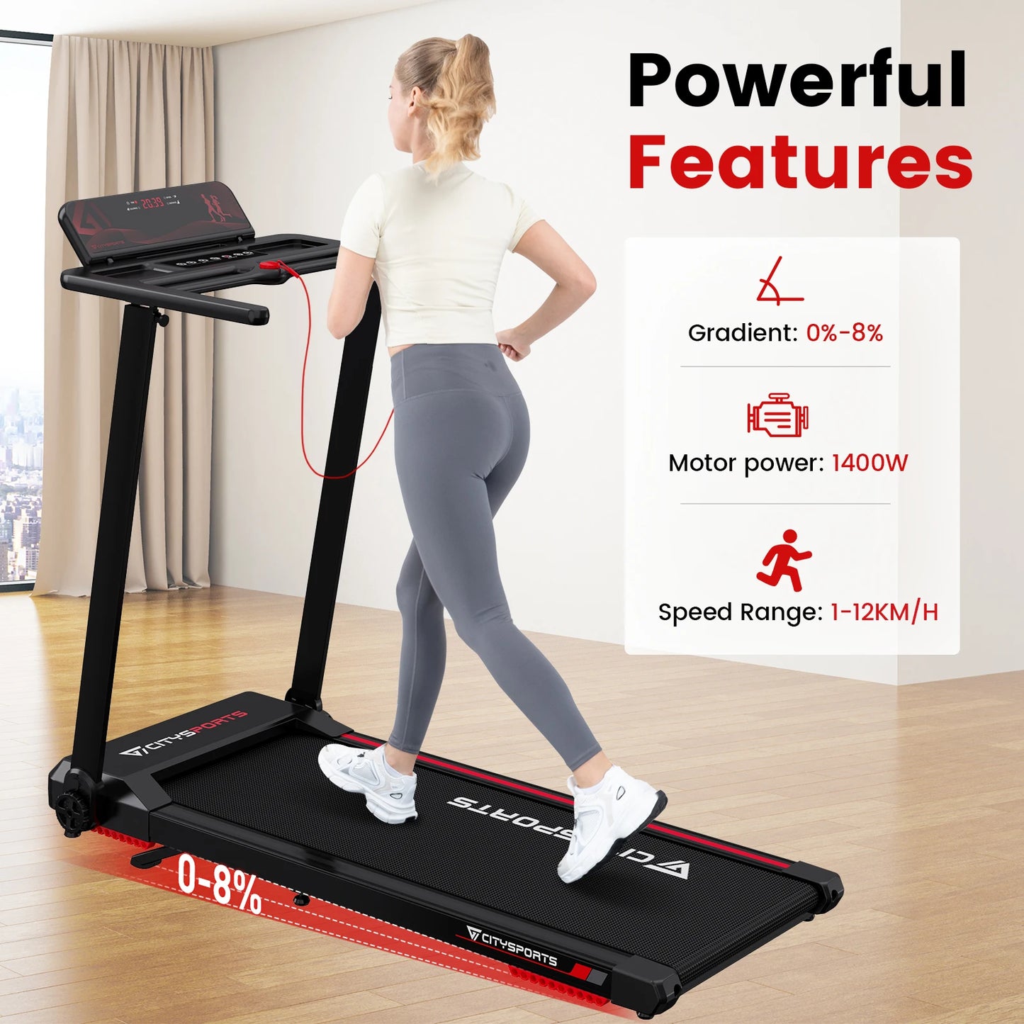 CITYSPORTS PRO Electric Folding Treadmill with Auto Incline - 12 km/h Max Speed, Smart App Control, LED Display, Compact Home & Gym