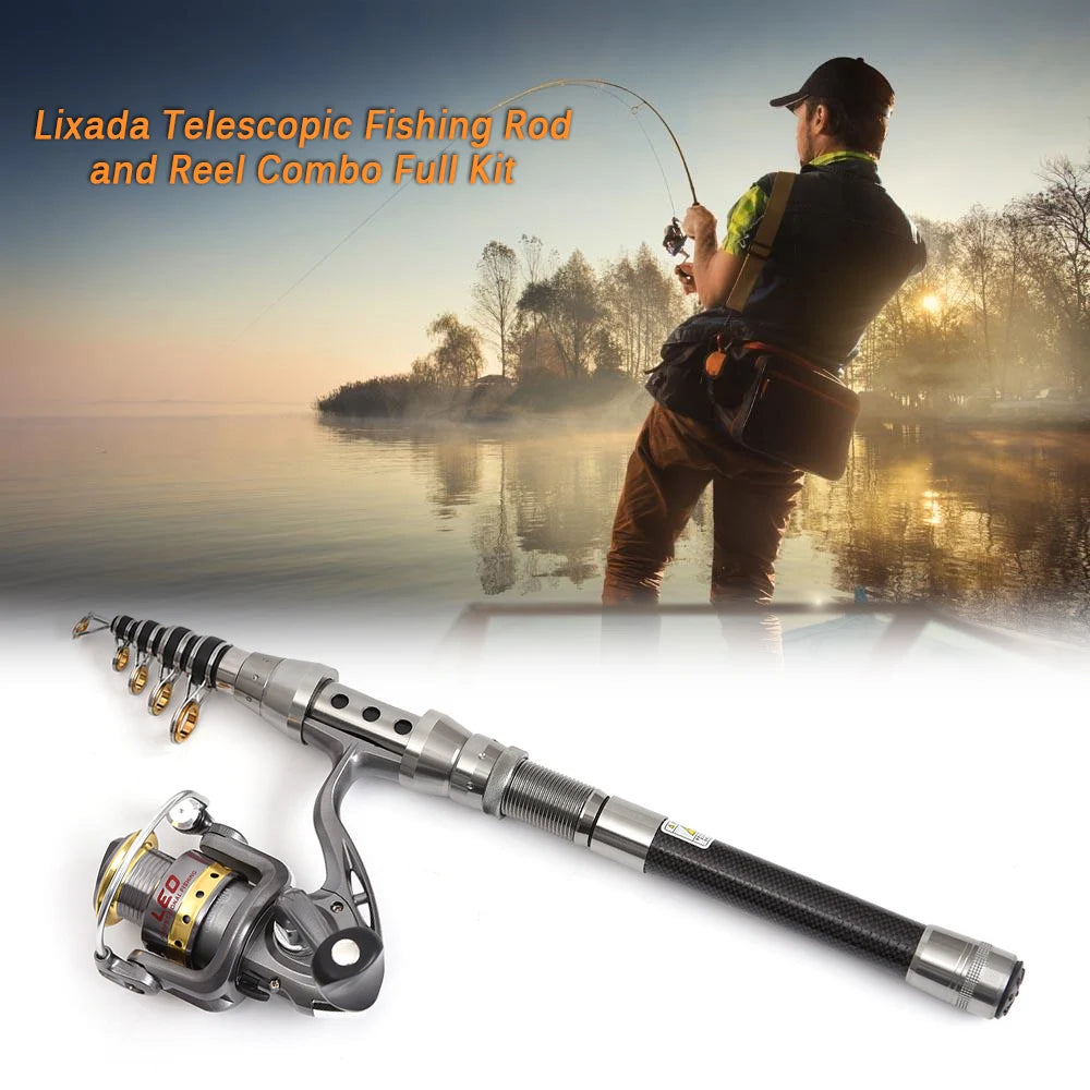 Telescopic Fishing Rod and Reel Combo Full Kit Organizer Pole Set with Fishing Line Lures Hooks Jig Head Fishing Carrier Bag