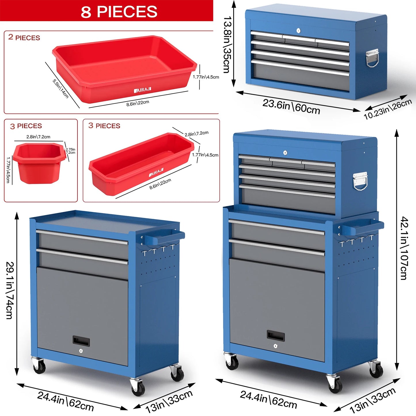 Large 8 Drawers Tool Chest,Rolling Tool Chest with Wheels,Heavy Duty Tool Storage Cabinet,with Tool Box Organizer