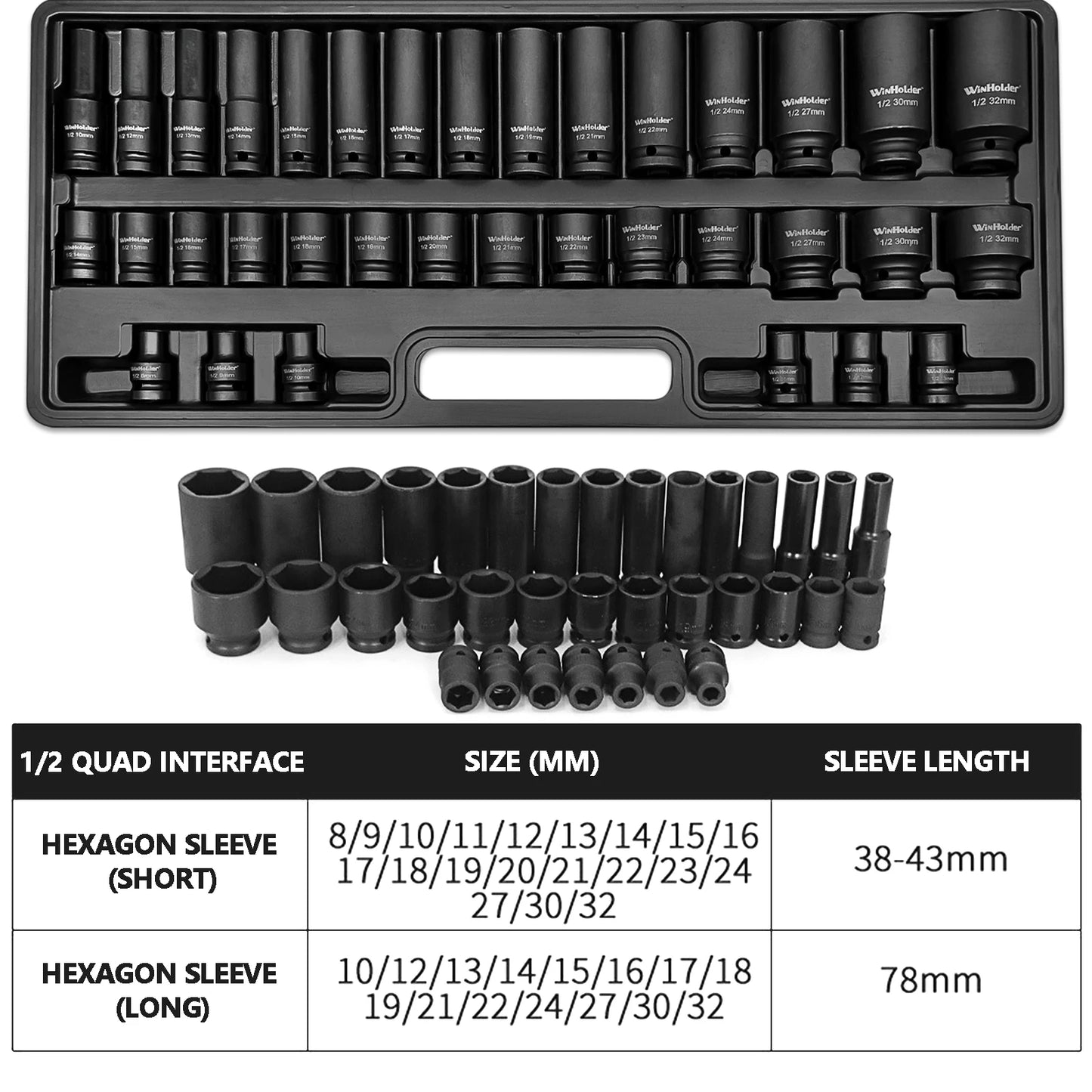 35pcs DEEP IMPACT Socket Set 1/2" Inch Drive Short + Long Reach 8-32MM Tool Kit Case