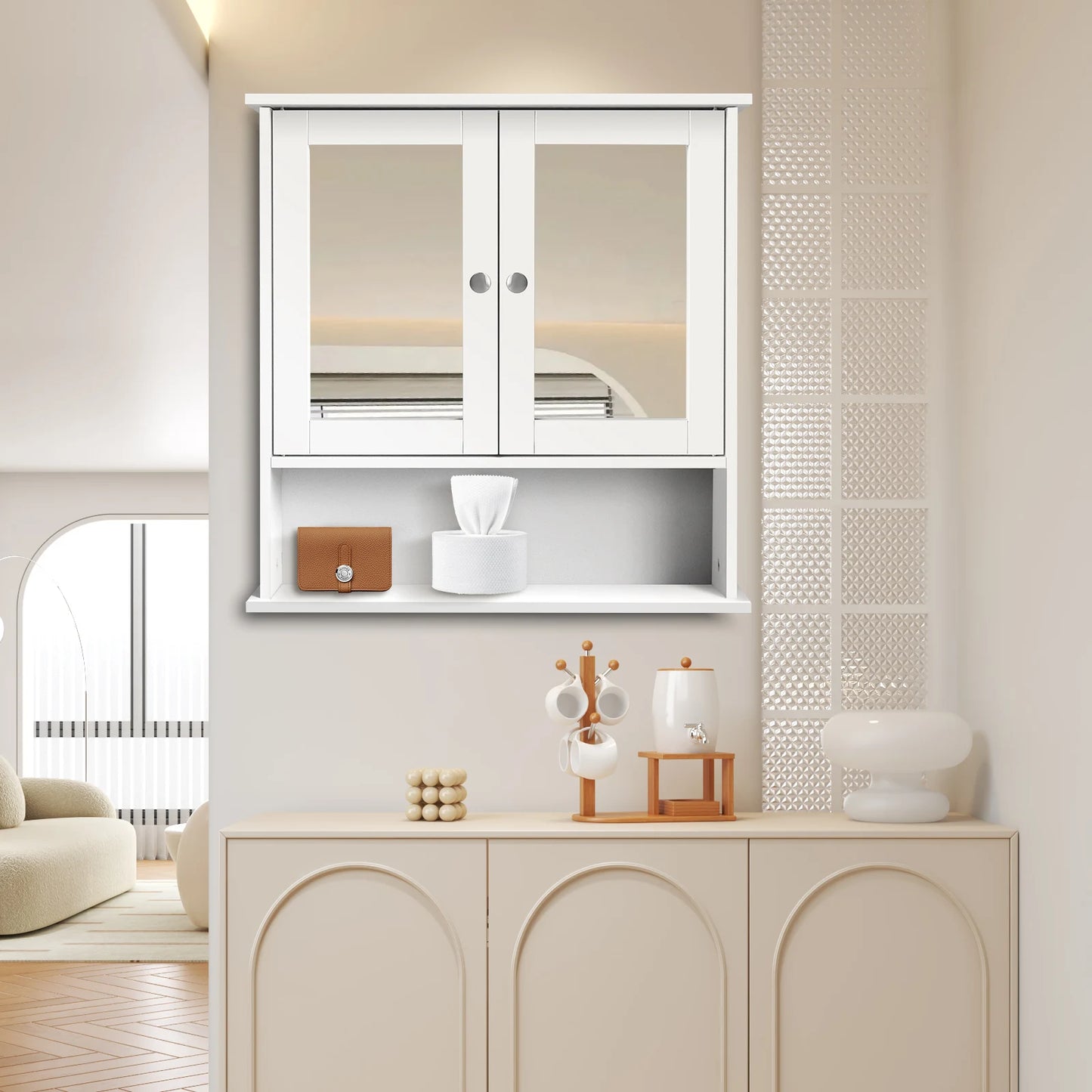 Bathroom Cabinet Wall-Mounted Storage Cabinet Modern Toilet Cupboard Storage Unit with Double Mirror Door Adjustable Shelf White