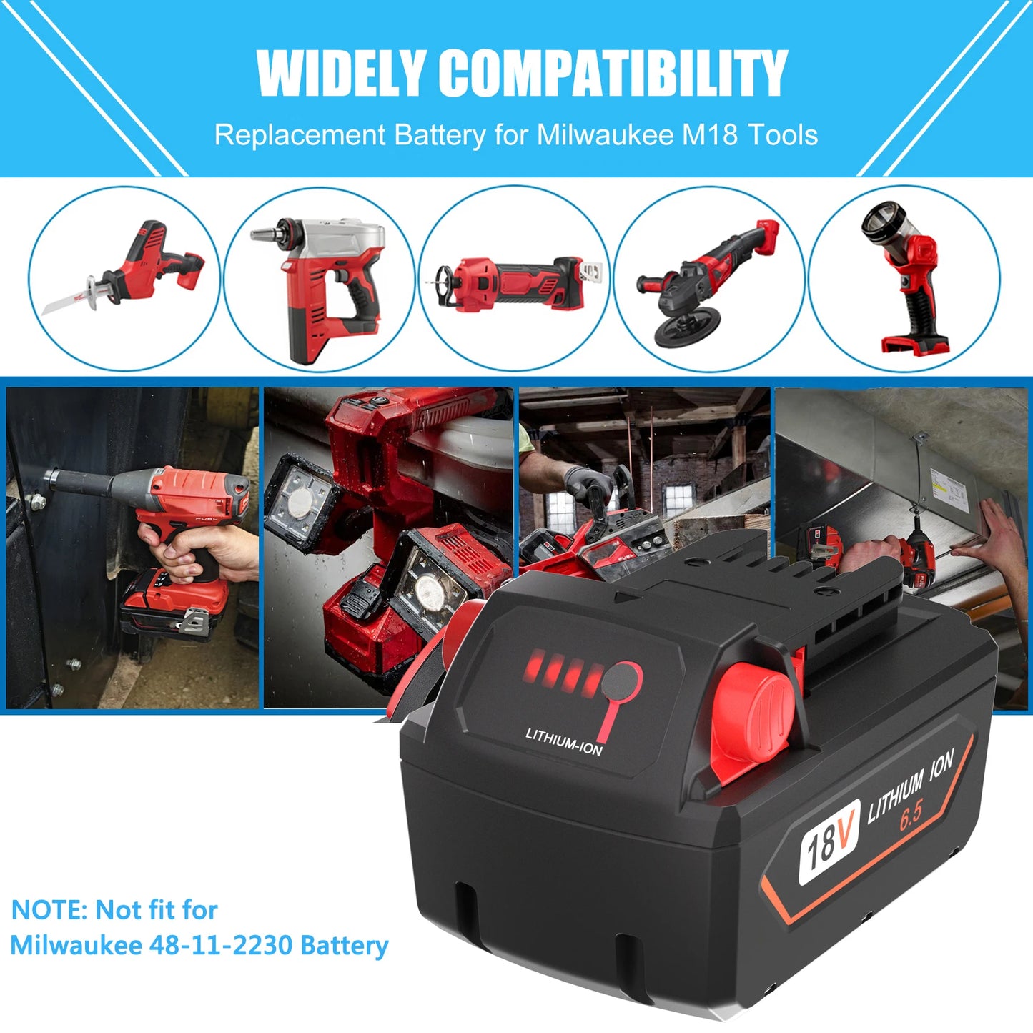 18V 6.5/5.5Ah For Milwaukee M18 Battery Rechargeable Milwaukee Lithium Battery 48-11-1860 48-11-1850 48-11-1840 48-11-1820