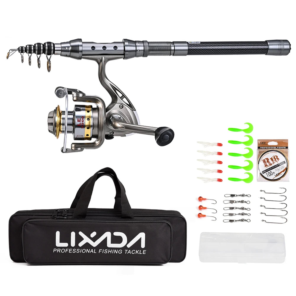 Telescopic Fishing Rod and Reel Combo Full Kit Organizer Pole Set with Fishing Line Lures Hooks Jig Head Fishing Carrier Bag