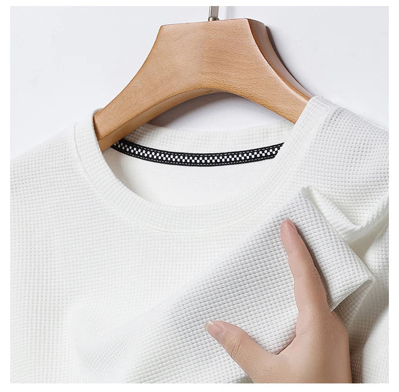 Short sleeved Polo Waffle Pattern men's round neck top cotton daily short sleeved T-shirt