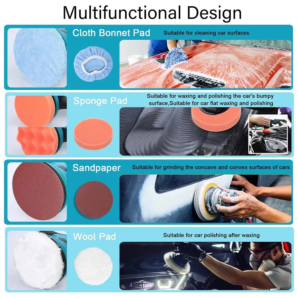 2 Batteries Cordless Car Polisher Buffer Sander Machine Polishing Pads Kit