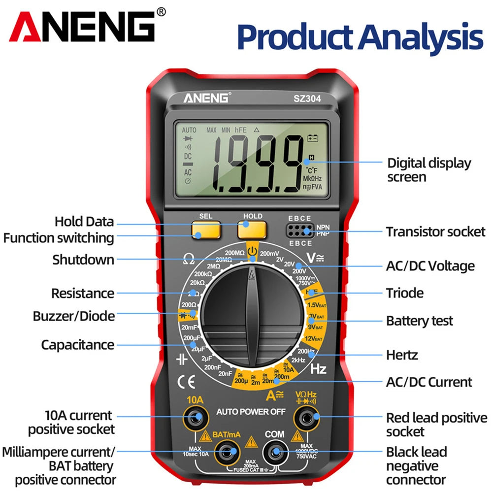 Digital Multimeter Votage Current Ohm Test Tool Large Screen Voltage Detector Auto-Ranging 2000 Counts Handheld Electrical Tools