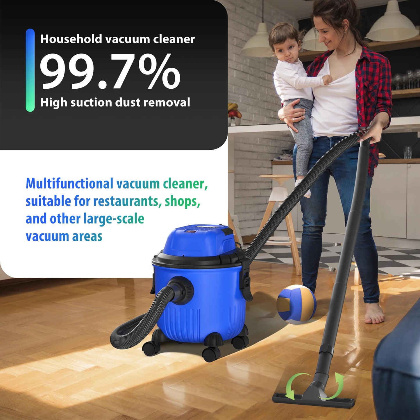Wet And Dry Vacuum Cleaner with 15L Tank, 1800W, 16Kpa, 3-in-1 Cleaning Vacuum Blow Function, Electric Vacuum Cleaners, 2m Cord