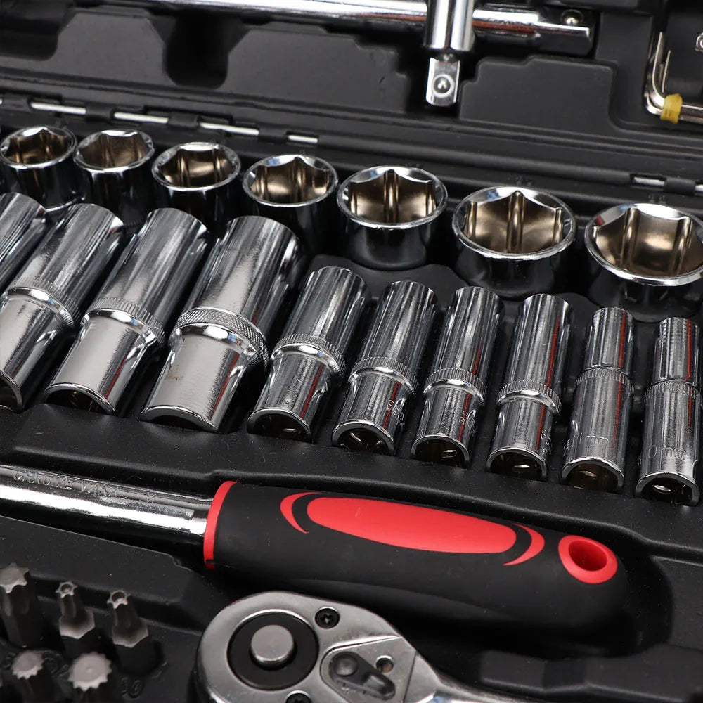 216PCS Professional Tool Box Socket Set 1/2" 1/4" 3/8" Wrench Tool Home Repair Set with Black Box