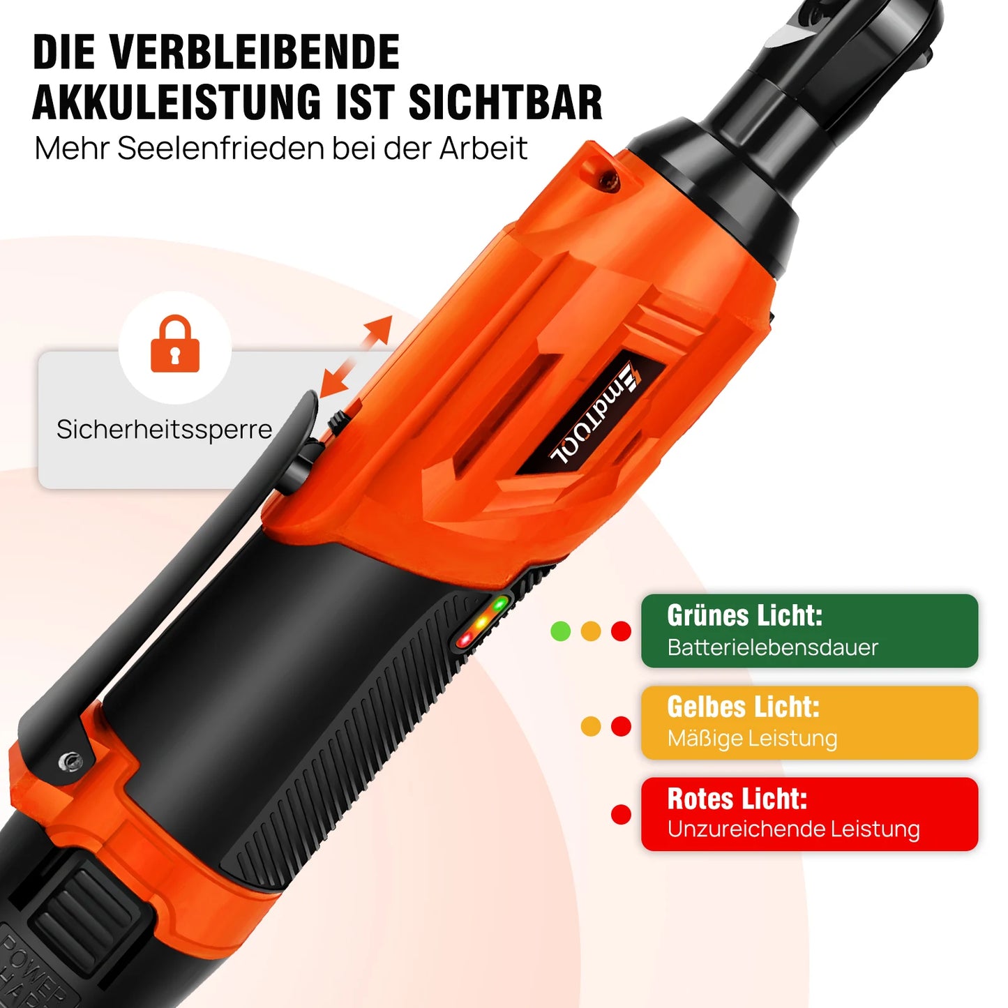 EMDTOOL 3/8 Cordless Right Angle Electric Ratchet Wrench 200N m Torque LED Work Light 7pcs Sockets Set 2 Batteries Included