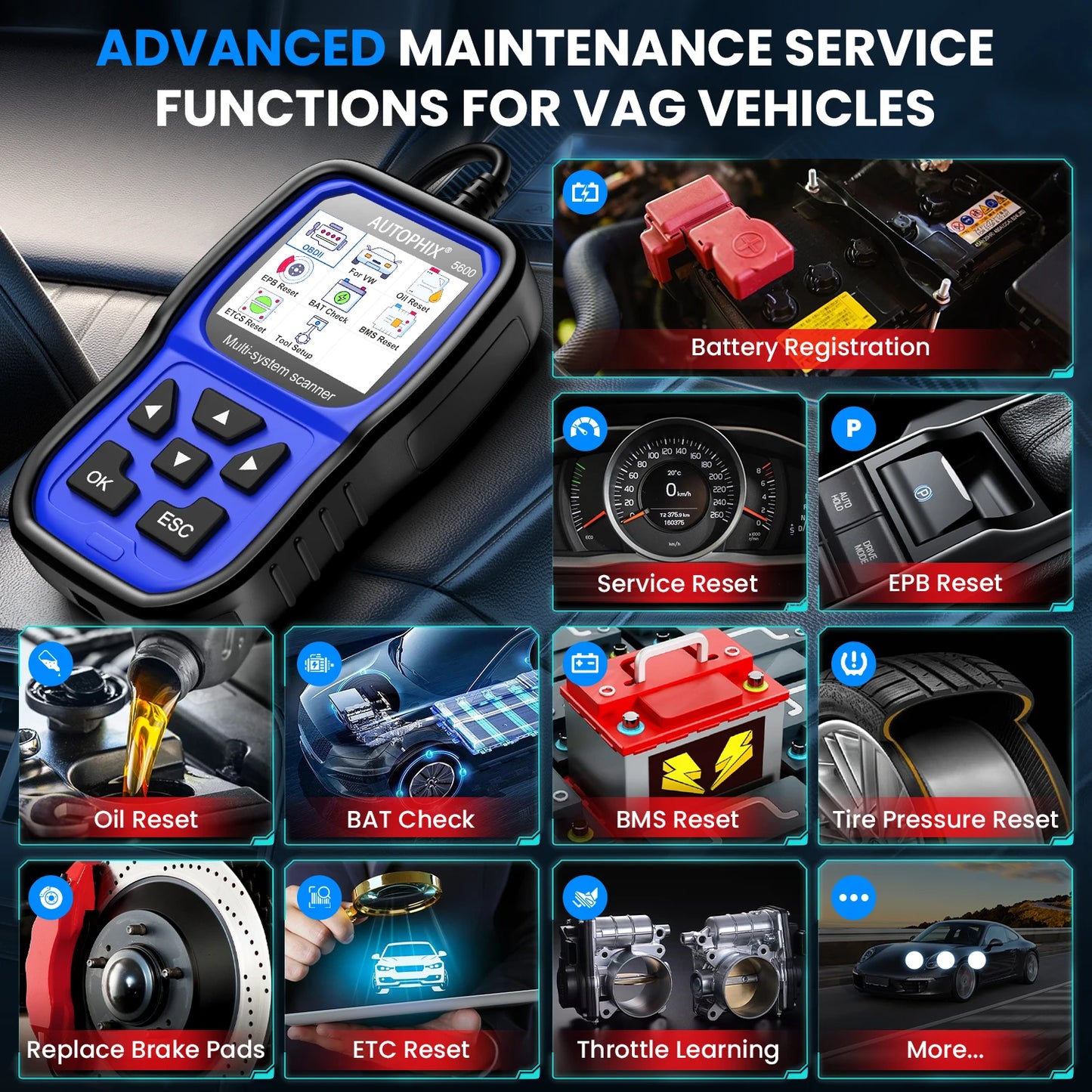 AUTOPHIX 5600 All System OBD2 Scanner Diagnostic EPB ABS Oil TPS Car Code Reader for VW/Audi Group TPMS Engine Battery Registration