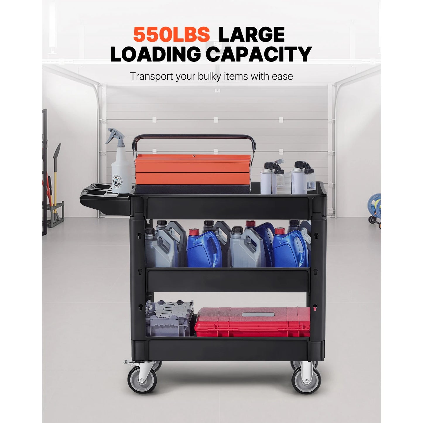 VEVOR 2/3 Shelf Utility Service Cart Heavy Duty with 360° Swivel Wheels Ergonomic Storage Handle for Warehouse/Garage/Cleaning
