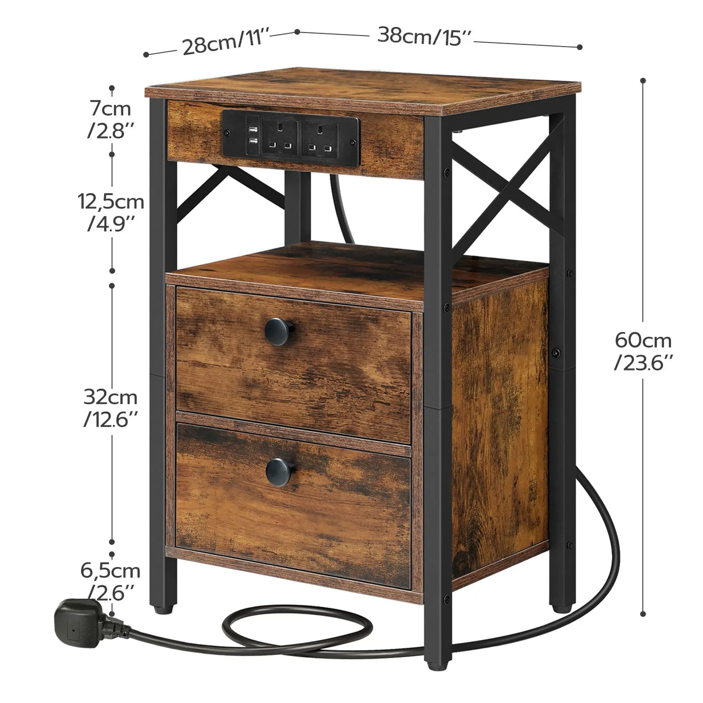 Bedside Table with Charging Station Side Table with 2 USB Ports and 2 AC Outlets Bed Side Table with 2 Flip-Down Compartments