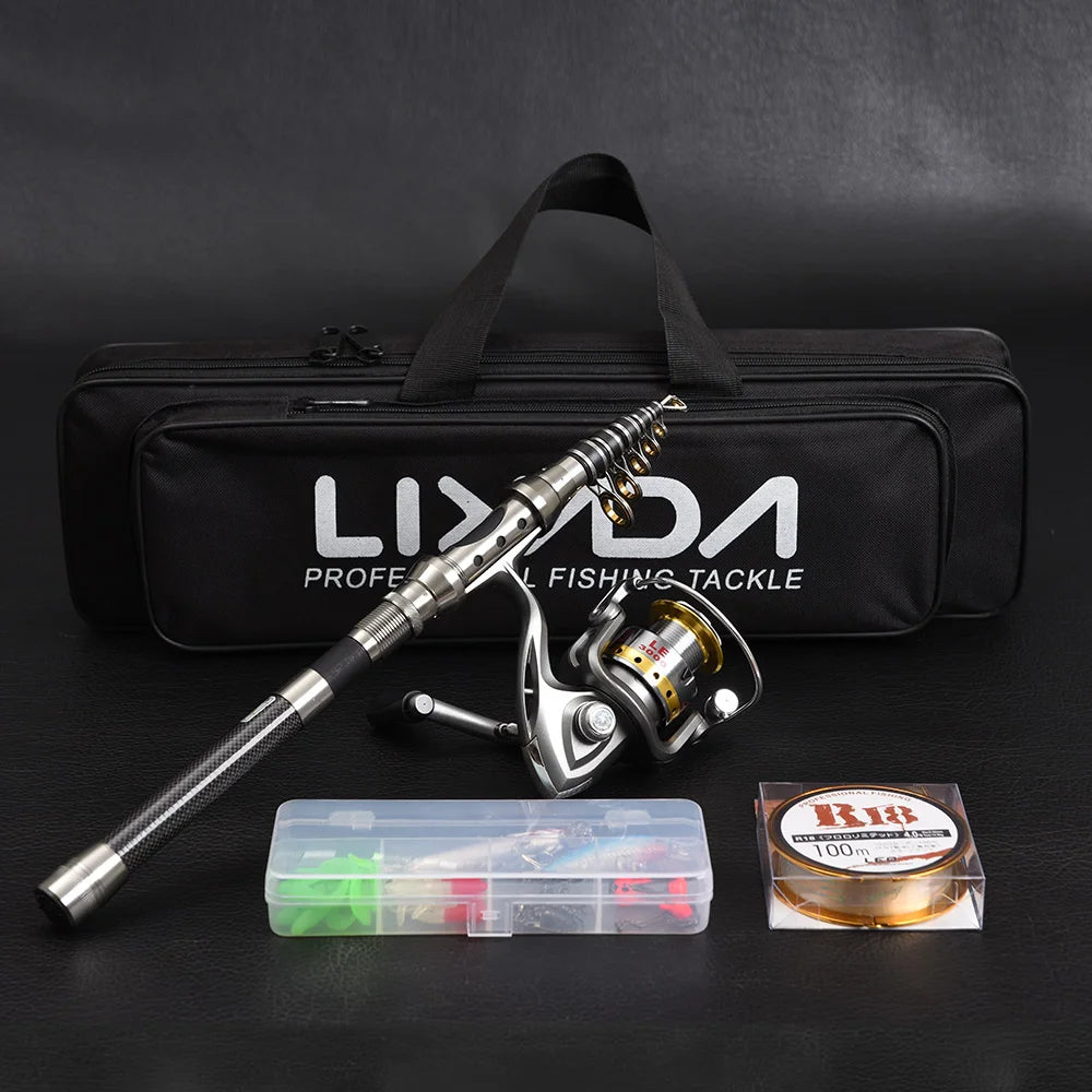 Telescopic Fishing Rod and Reel Combo Full Kit Organizer Pole Set with Fishing Line Lures Hooks Jig Head Fishing Carrier Bag