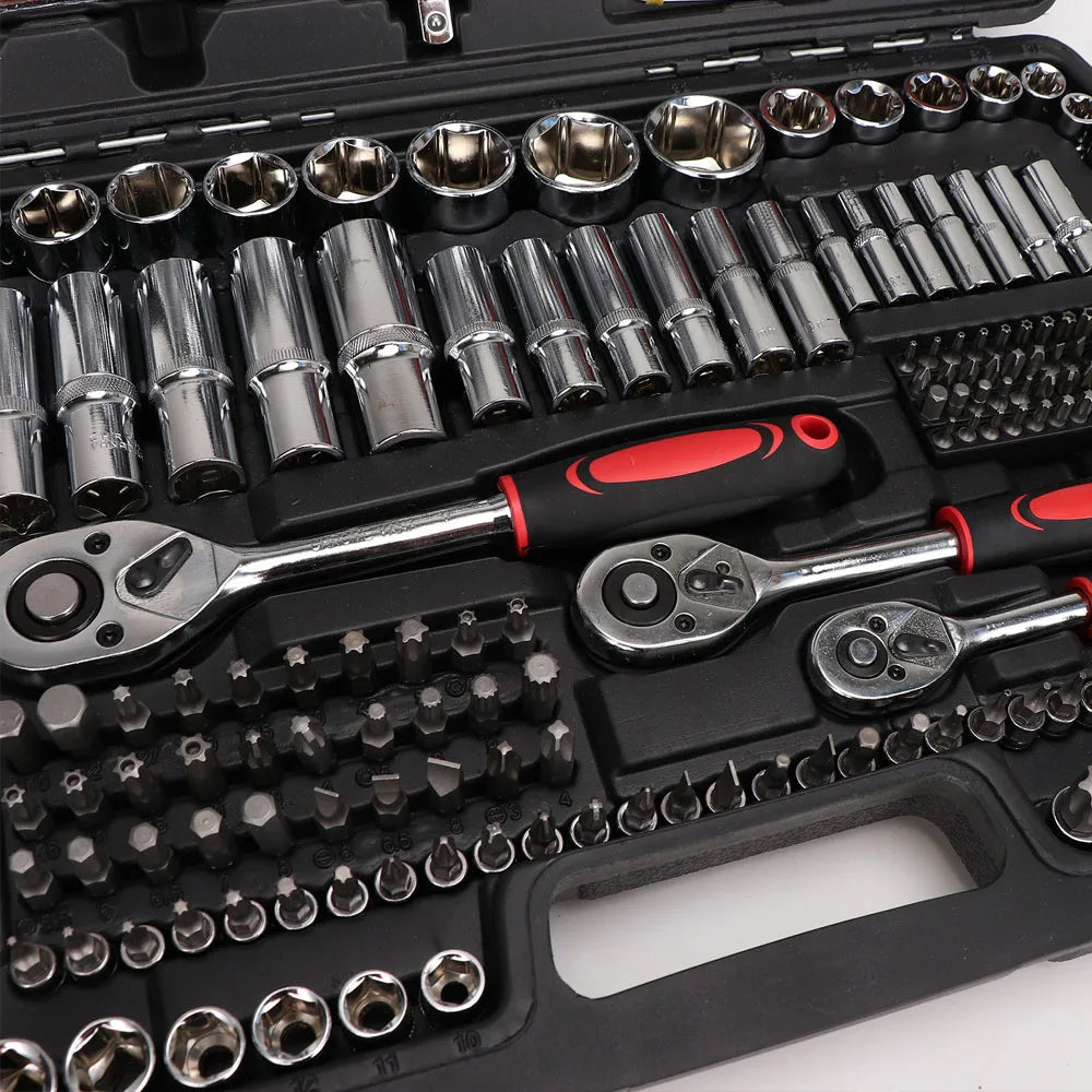 216PCS Professional Tool Box Socket Set 1/2" 1/4" 3/8" Wrench Tool Home Repair Set with Black Box