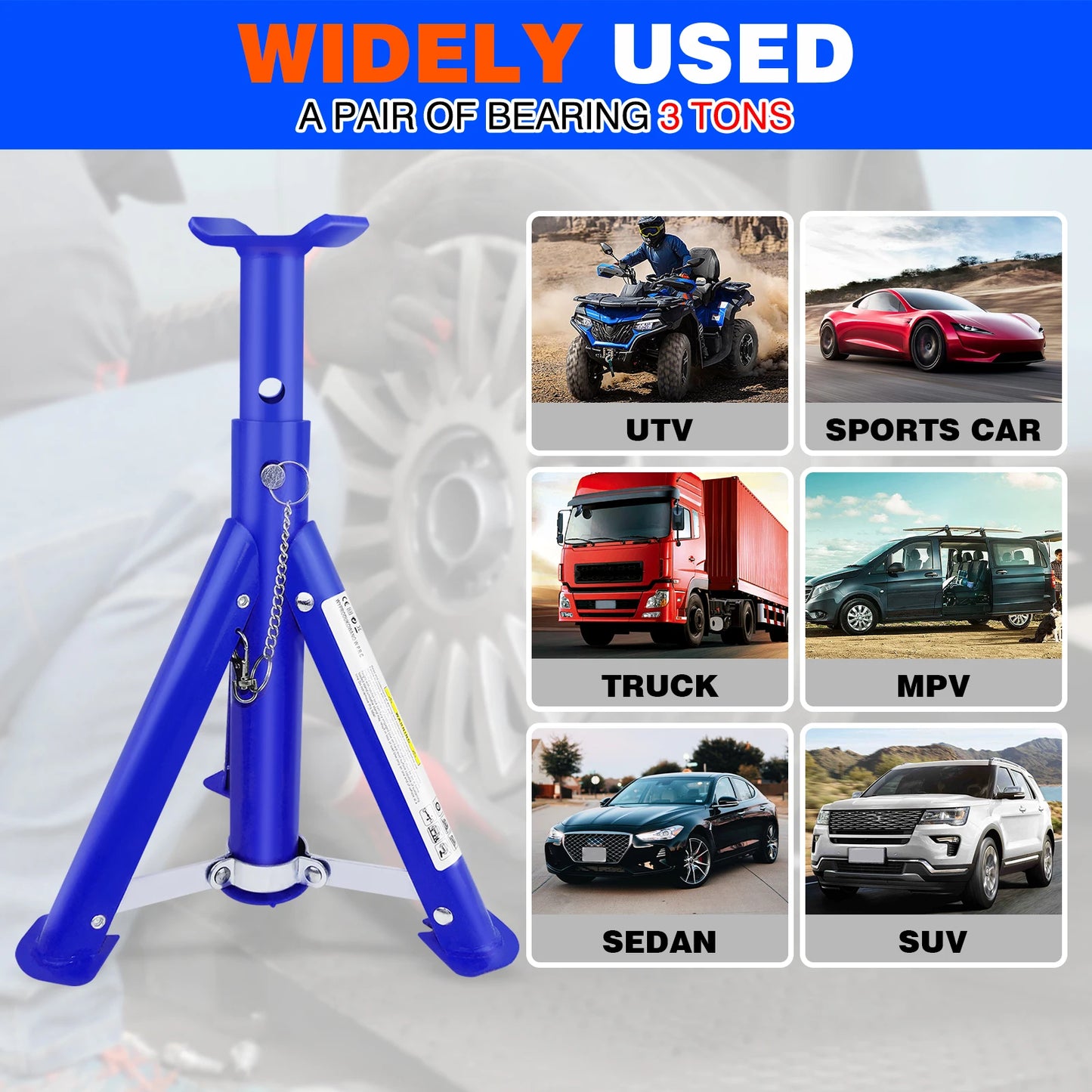Foldable 3-Ton Heavy Duty Car Axle Jack Stand Repairing Tool Safety Support Auto Repair Disassembly Lifting 290mm to 408mm 2PCS