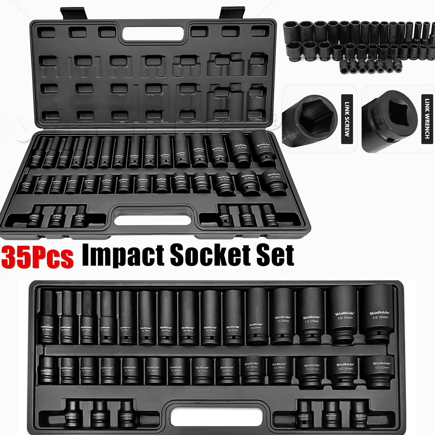 35pcs DEEP IMPACT Socket Set 1/2" Inch Drive Short + Long Reach 8-32MM Tool Kit Case