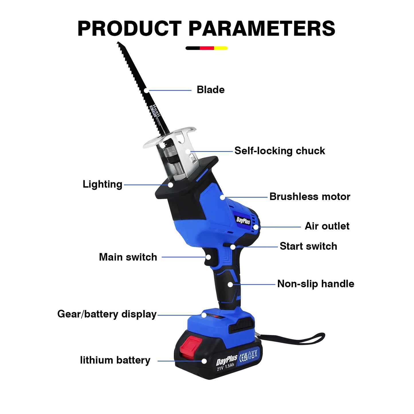 DayPlus Brushless Reciprocating Saw 21V Electric Cordless Reciprocating Saw for Cutting Wood and metal With Battery & 4 Saw Blades