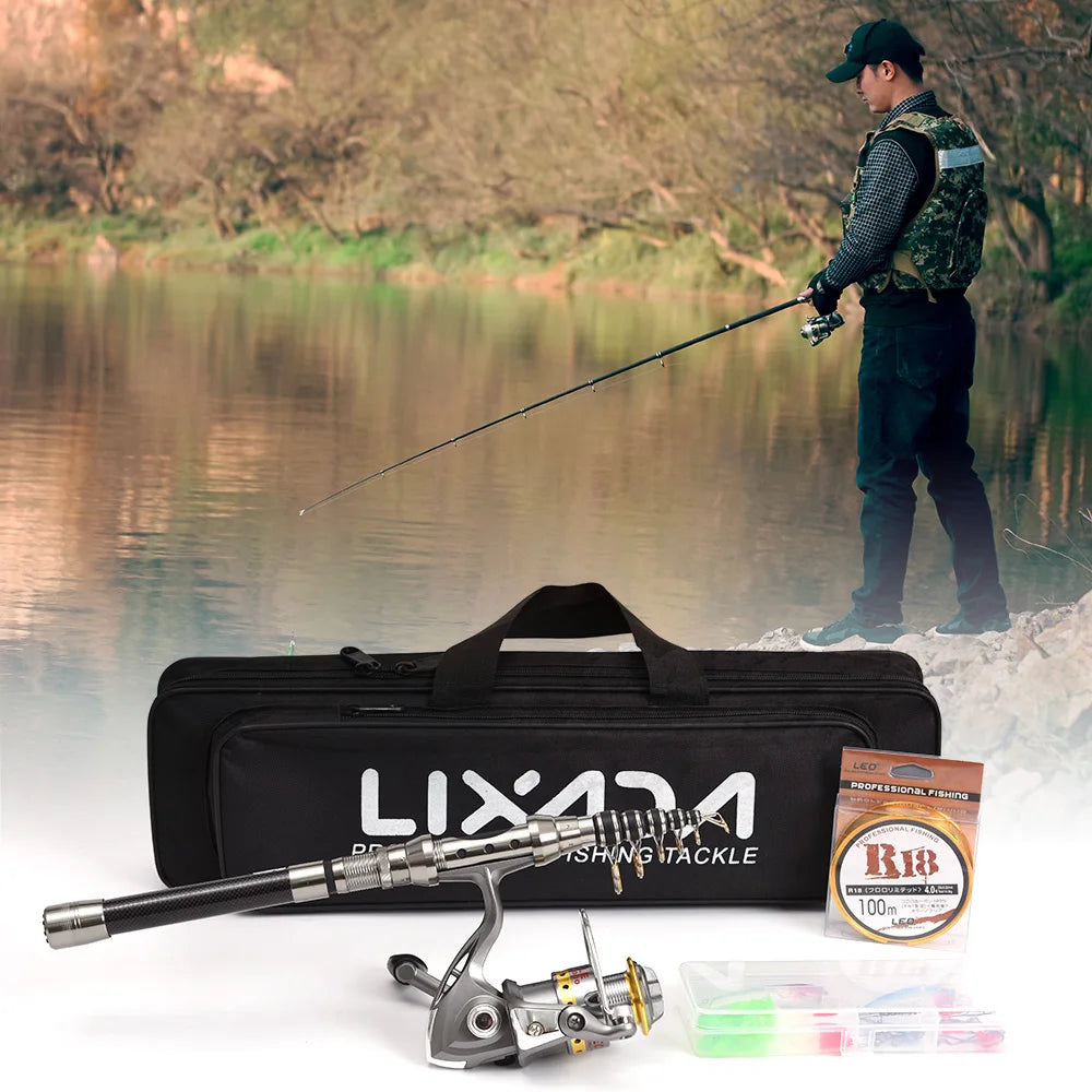 Telescopic Fishing Rod and Reel Combo Full Kit Organizer Pole Set with Fishing Line Lures Hooks Jig Head Fishing Carrier Bag