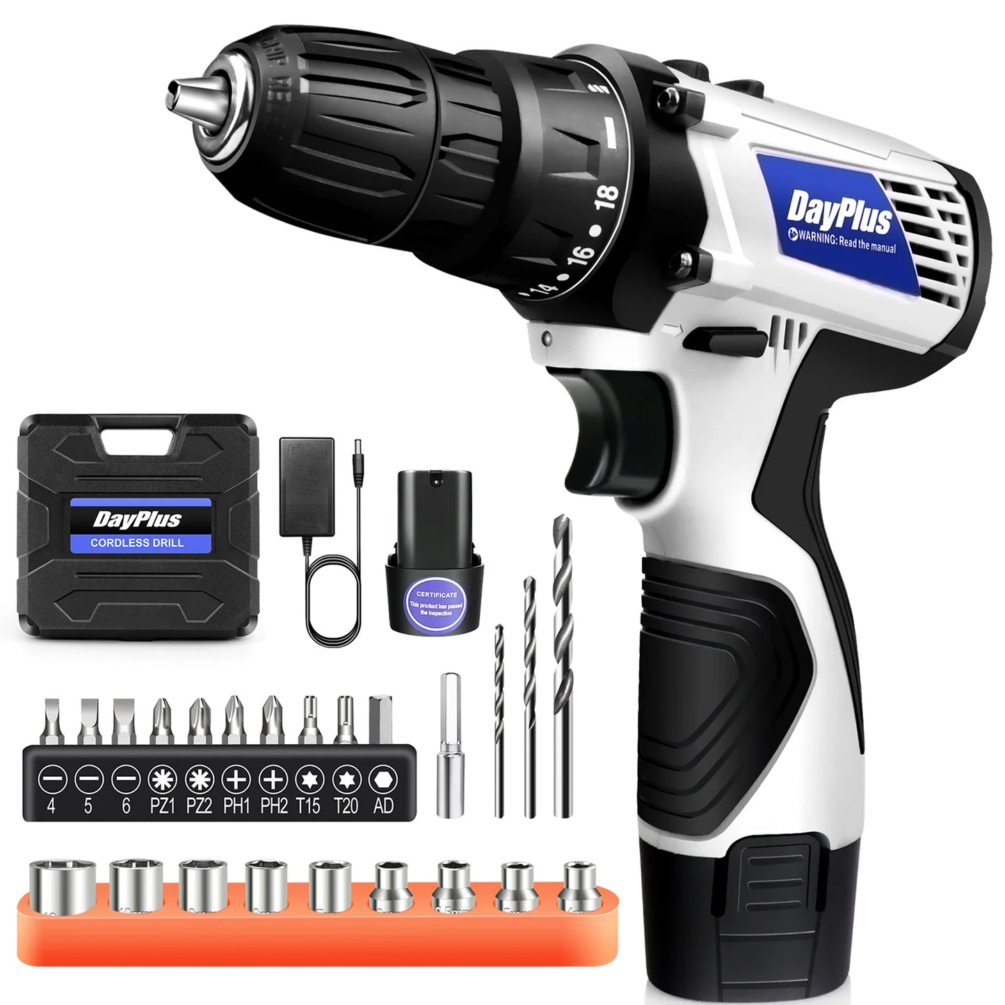 DayPlus 16.8V Mini Cordless Drill Driver Kit, 3/8" Chuck 45Nm Electric Screwdriver Driver with LED Light, 18+1 Torque, 2 Speed