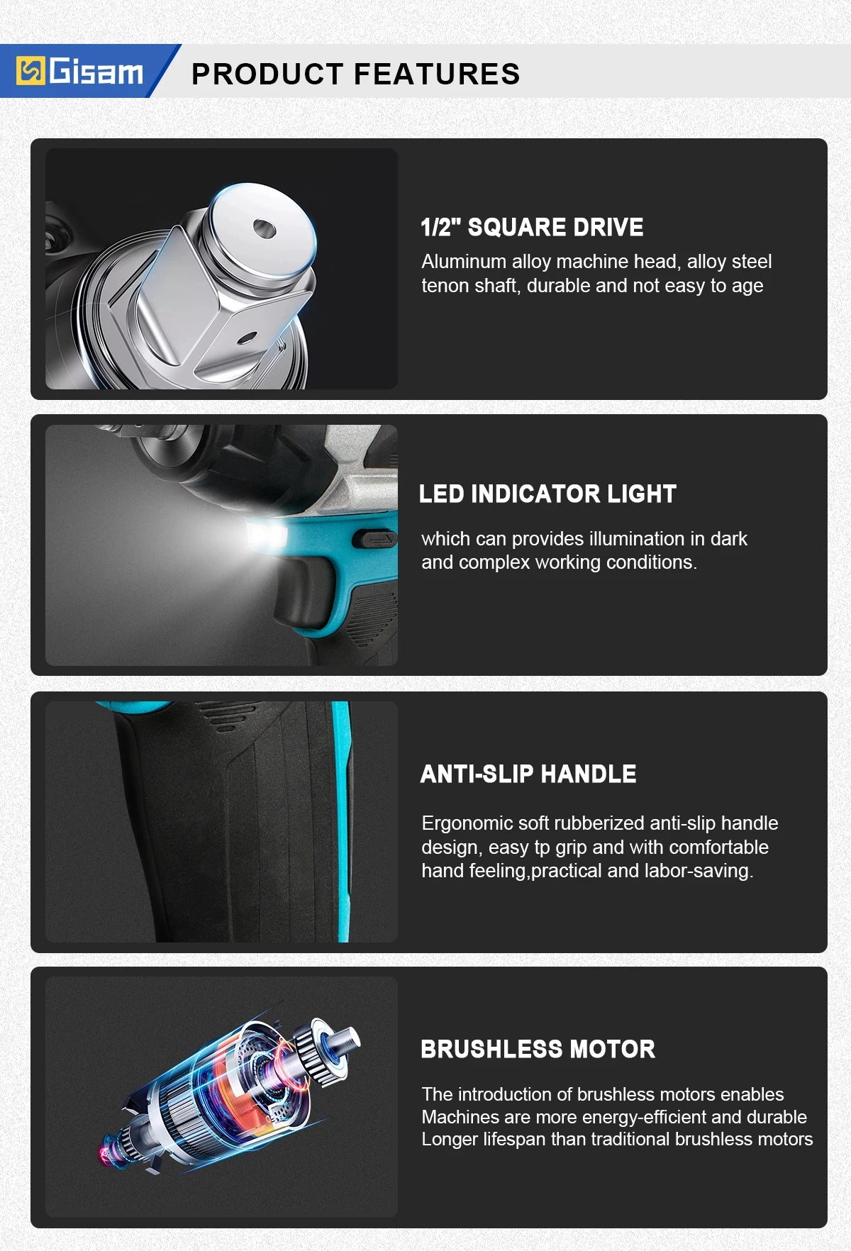 Gisam Torque Brushless Electric Impact Wrench 1/2 inch Impact Gun Cordless Wrench Power Tool For Makita 18V Battery Pin