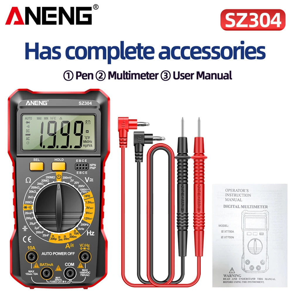 Digital Multimeter Votage Current Ohm Test Tool Large Screen Voltage Detector Auto-Ranging 2000 Counts Handheld Electrical Tools