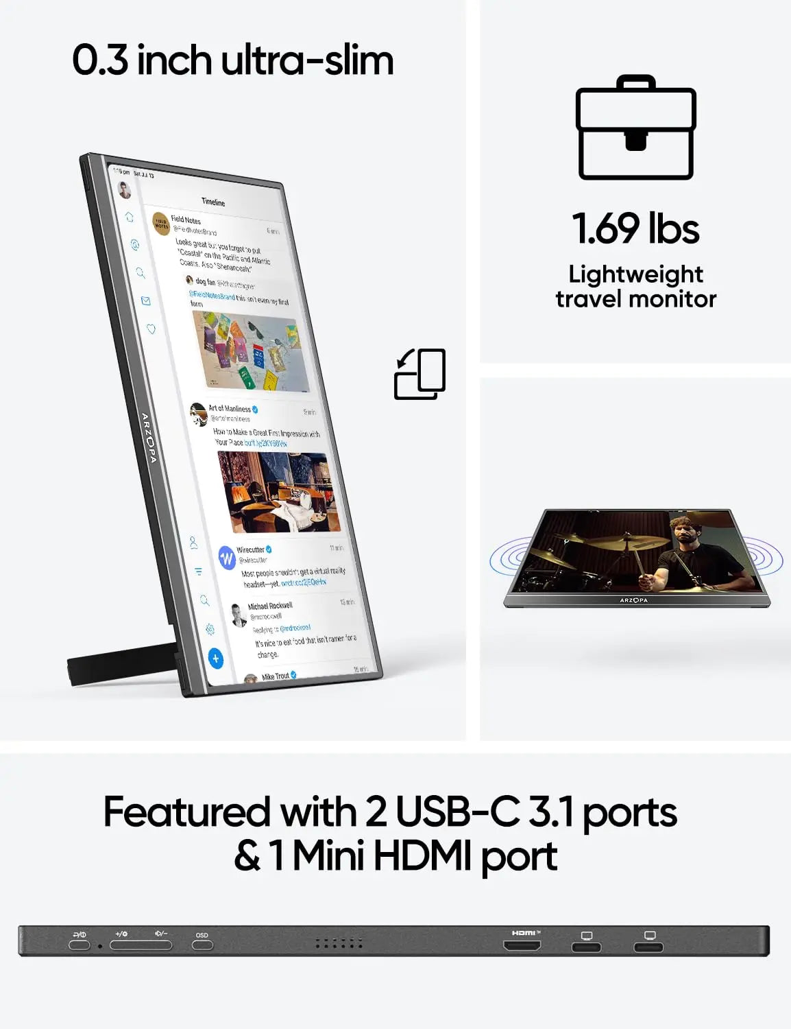 ARZOPA Portable Monitor 17.3'' 1080P HDR IPS Kickstand Speakers for PC Mac Phone Xbox Switch PS HDMI USB External Laptop Screen