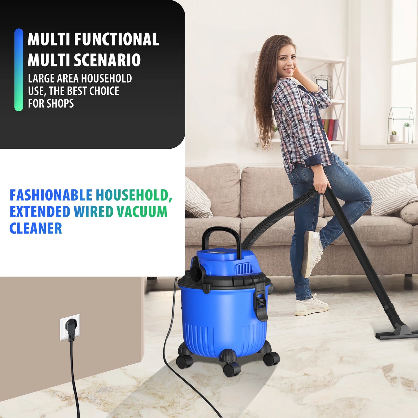 Wet And Dry Vacuum Cleaner with 15L Tank, 1800W, 16Kpa, 3-in-1 Cleaning Vacuum Blow Function, Electric Vacuum Cleaners, 2m Cord