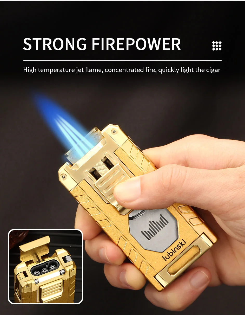 LUBINSKI Cigar Lighter Gas Torch Jet Blue Flame Lighters Smoking Cutter Cigar Accessories Cigar Tool