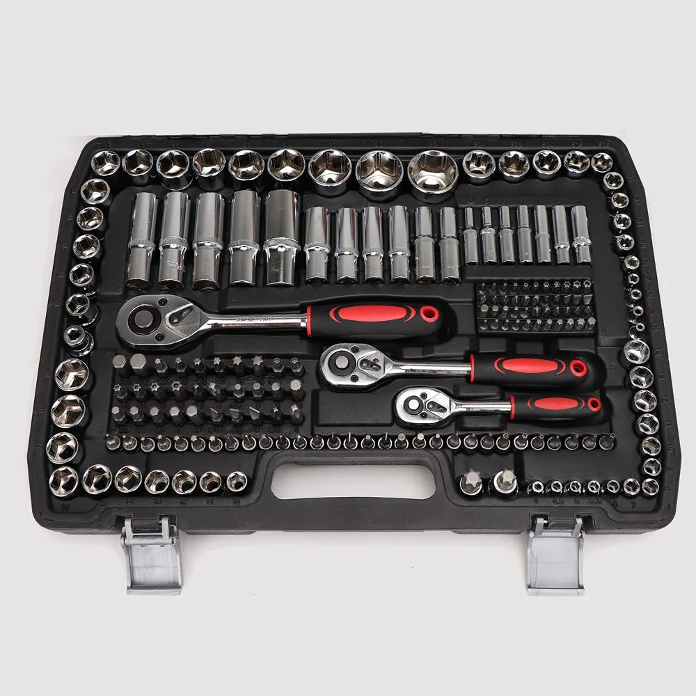 216PCS Professional Tool Box Socket Set 1/2" 1/4" 3/8" Wrench Tool Home Repair Set with Black Box