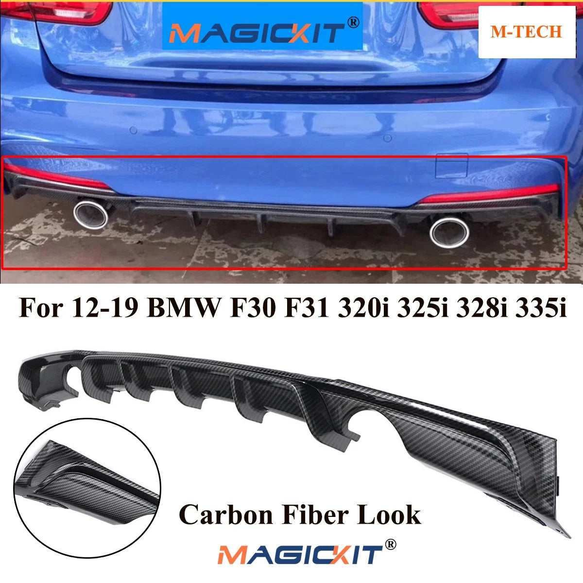 MagicKit Carbon Fiber Style Rear Bumper Diffuser w/ Dual Exhaust for BMW F30 F31 M Sport
