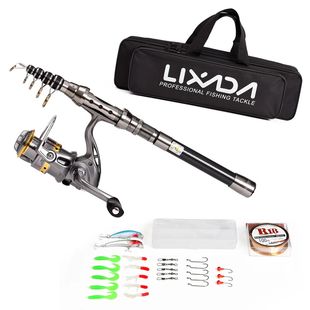 Telescopic Fishing Rod and Reel Combo Full Kit Organizer Pole Set with Fishing Line Lures Hooks Jig Head Fishing Carrier Bag