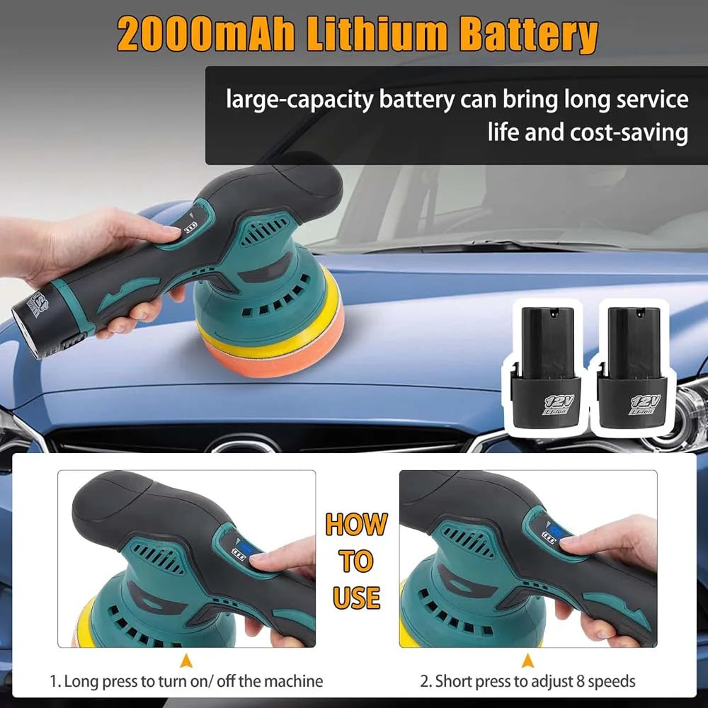 2 Batteries Cordless Car Polisher Buffer Sander Machine Polishing Pads Kit