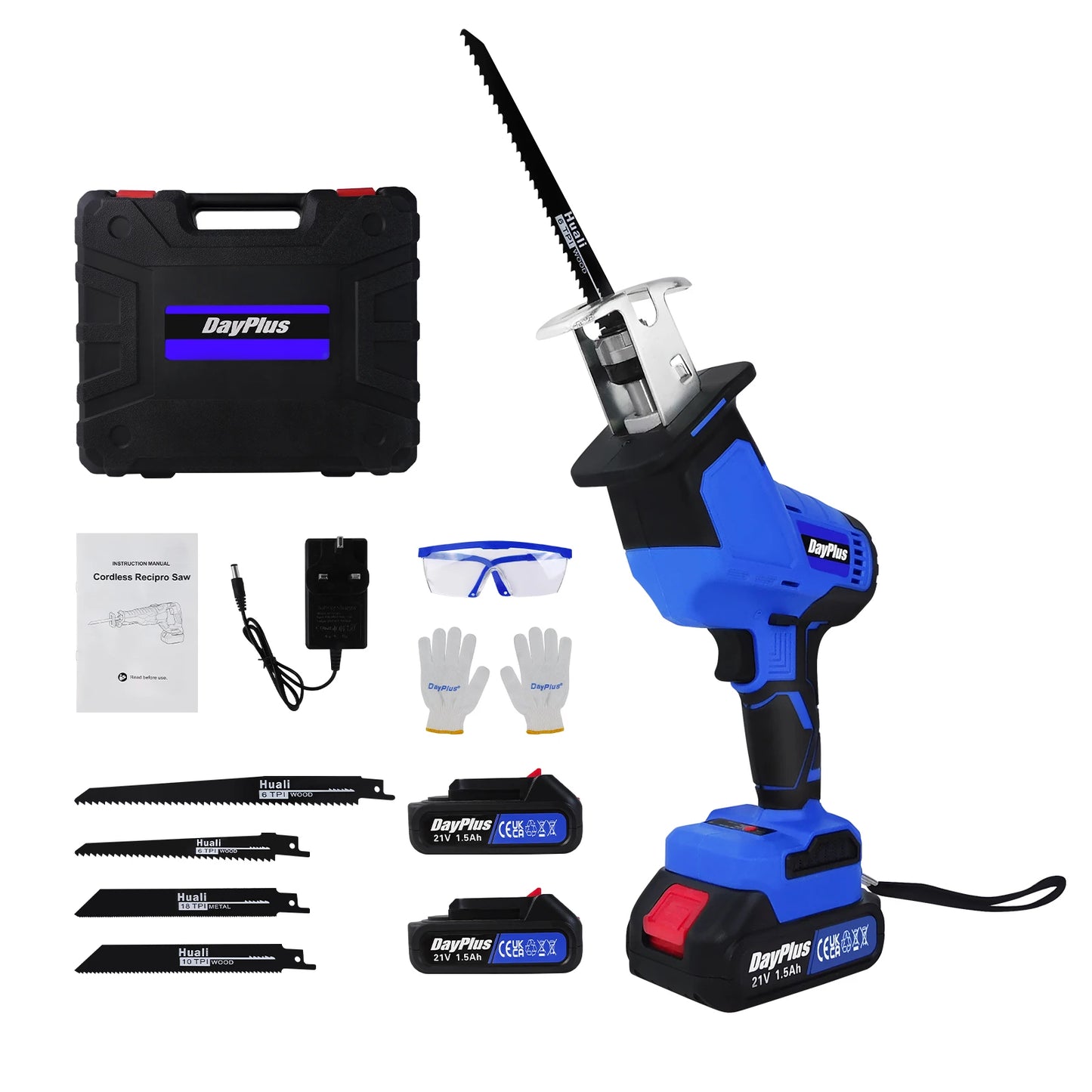 DayPlus Brushless Reciprocating Saw 21V Electric Cordless Reciprocating Saw for Cutting Wood and metal With Battery & 4 Saw Blades