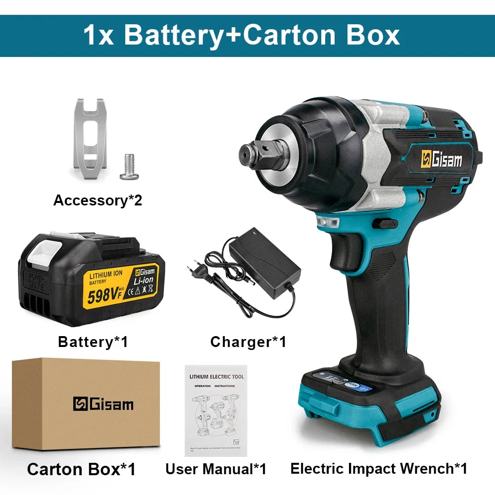 Gisam Torque Brushless Electric Impact Wrench 1/2 inch Impact Gun Cordless Wrench Power Tool For Makita 18V Battery Pin