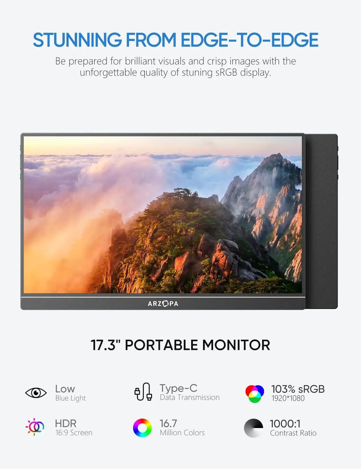 ARZOPA Portable Monitor 17.3'' 1080P HDR IPS Kickstand Speakers for PC Mac Phone Xbox Switch PS HDMI USB External Laptop Screen