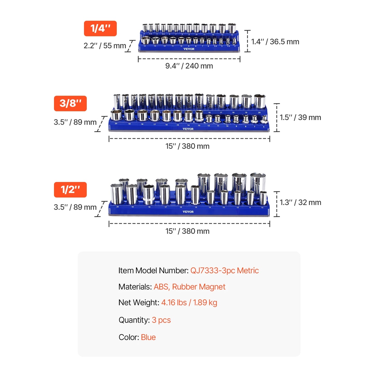 VEVOR 3PCS Metric Magnetic Socket Organizer Set 1/4'' 3/8'' & 1/2'' Socket Trays Hold up to 75PCS Standard & Deep Sockets