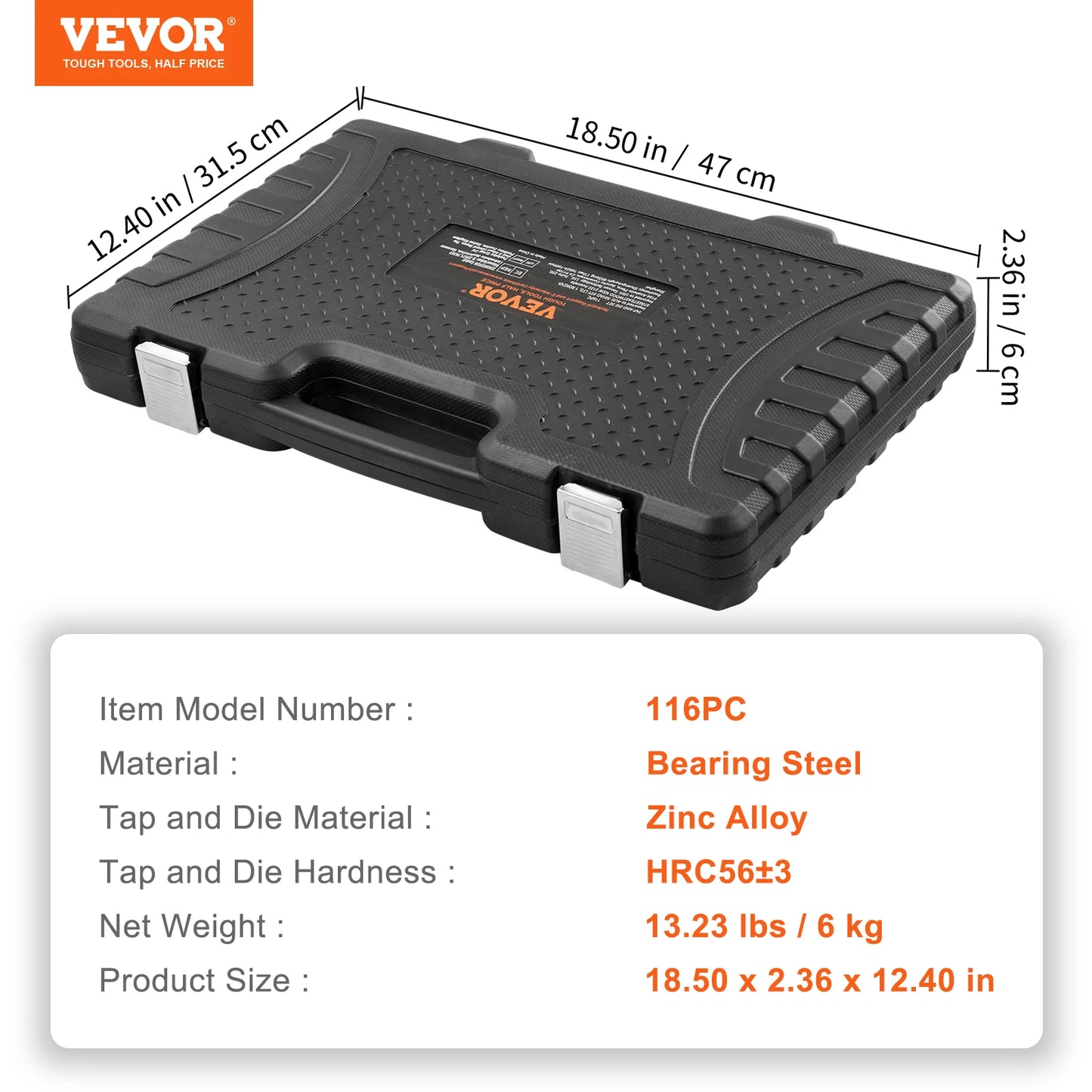 VEVOR 116-Piece Tap and Die Set Include Metric and SAE Size Bearing Steel Taps and Dies Essential Threading Tool