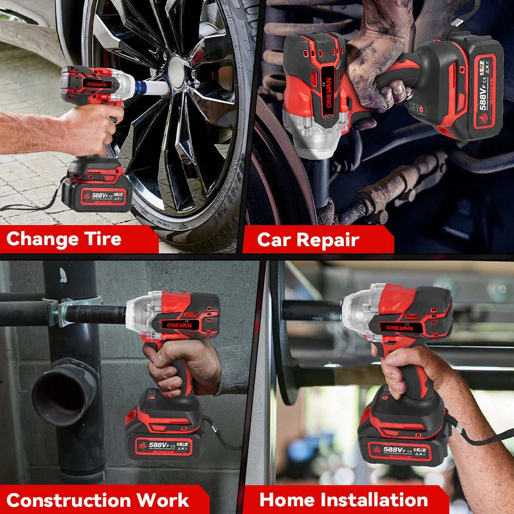 ONEVAN 1/2inch 520N.M Brushless Electric Wrench Cordless Torque Impact Wrench Car Repair Power Tool Set for 21V 18V Battery