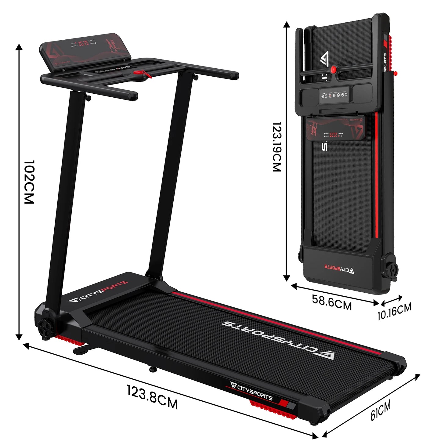 CITYSPORTS PRO Electric Folding Treadmill with Auto Incline - 12 km/h Max Speed, Smart App Control, LED Display, Compact Home & Gym