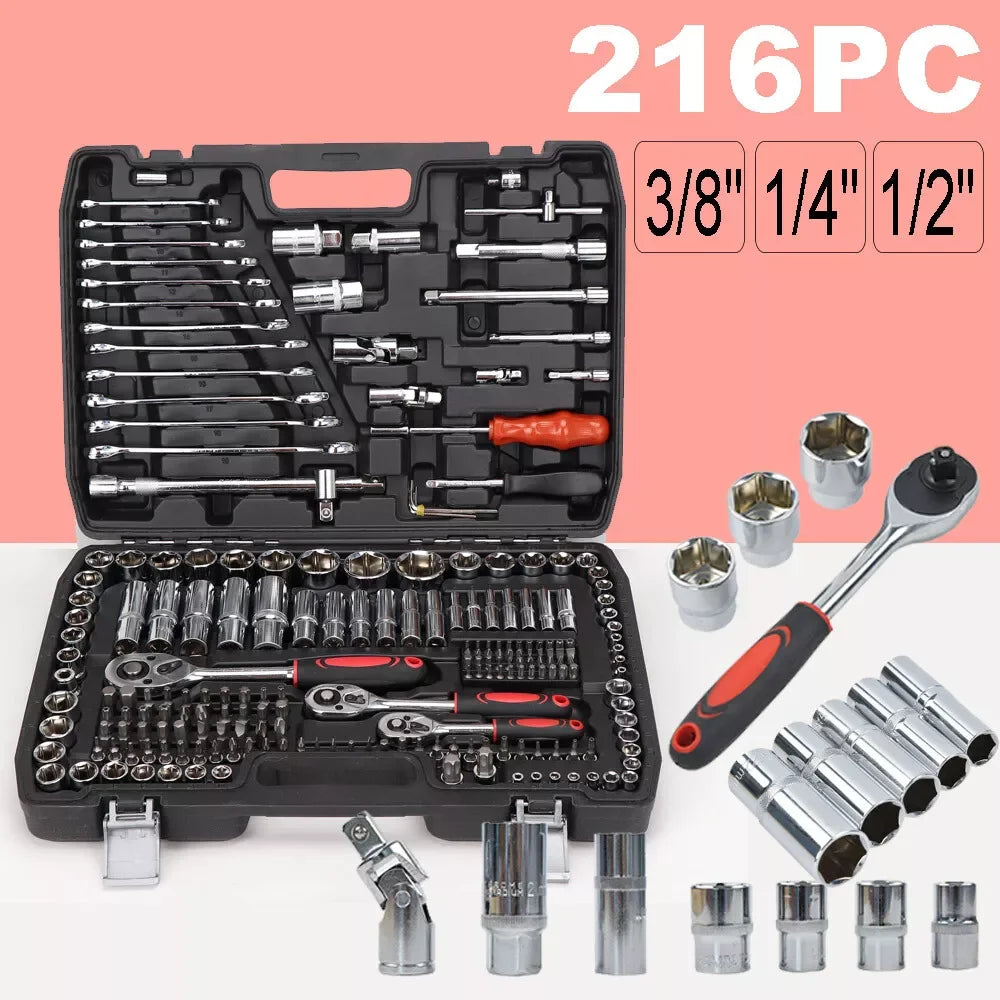 216PCS Professional Tool Box Socket Set 1/2" 1/4" 3/8" Wrench Tool Home Repair Set with Black Box
