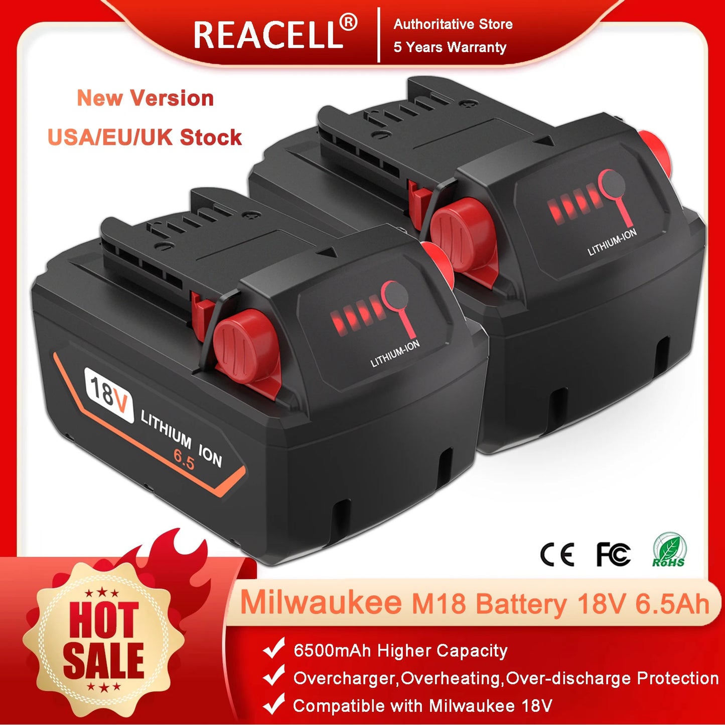 18V 6.5/5.5Ah For Milwaukee M18 Battery Rechargeable Milwaukee Lithium Battery 48-11-1860 48-11-1850 48-11-1840 48-11-1820