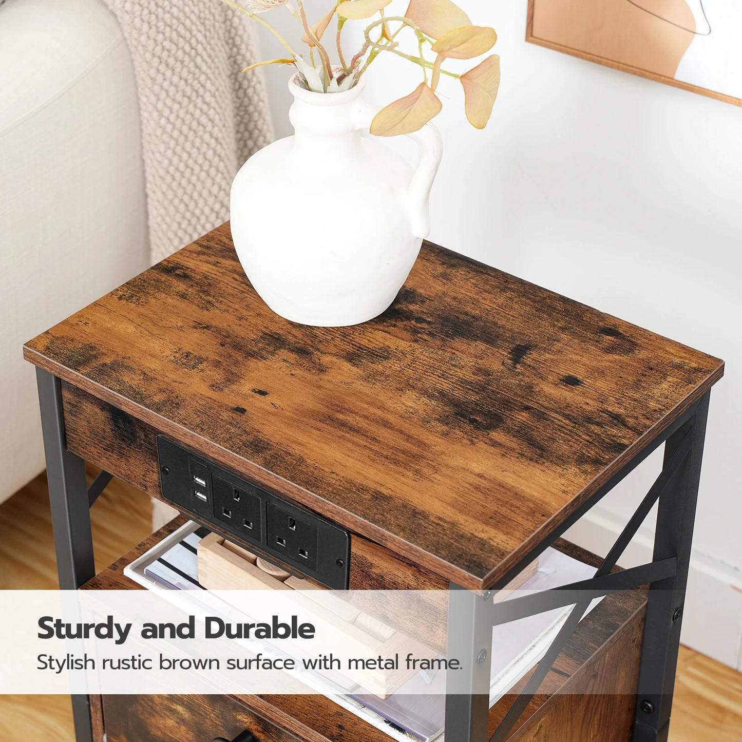 Bedside Table with Charging Station Side Table with 2 USB Ports and 2 AC Outlets Bed Side Table with 2 Flip-Down Compartments