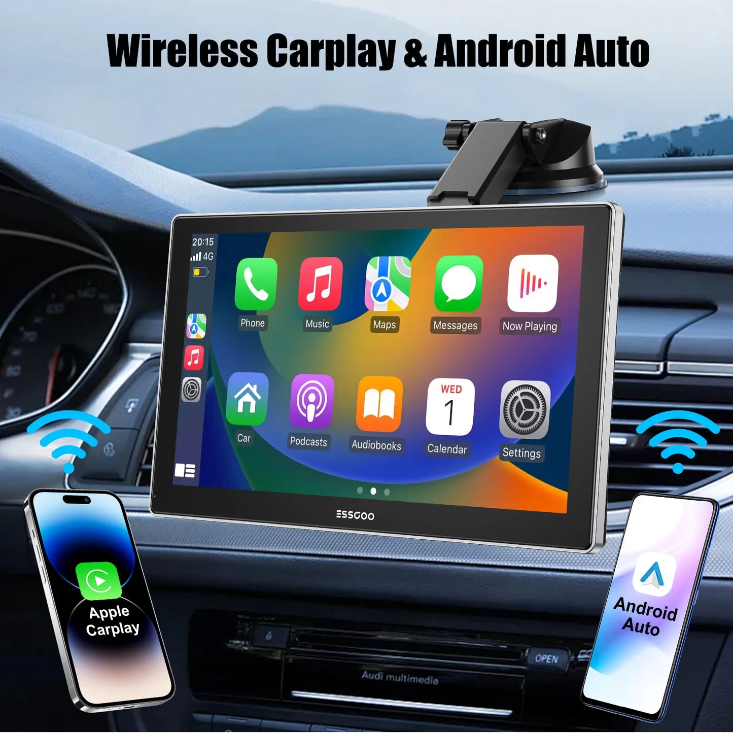 ESSGOO 9 Inch Touch Screen Portable Car Stereo Radio Wireless Apple Carplay Android Auto USB TF Bluetooth Mirror Link