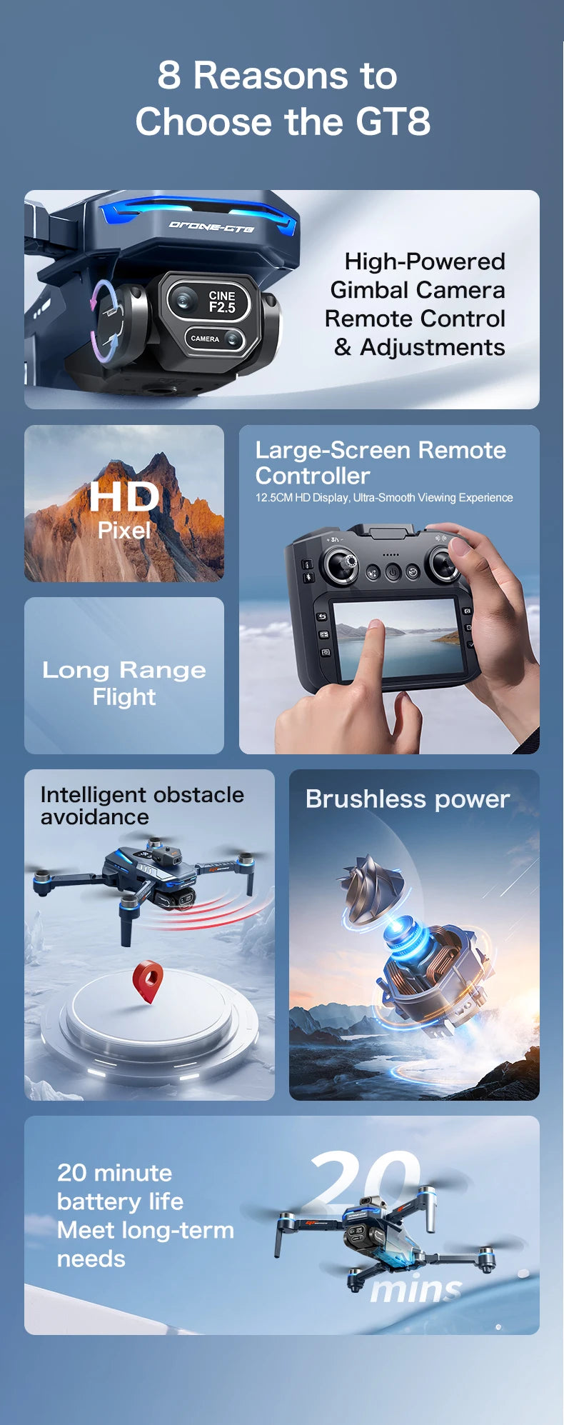 GT8 Drone GPS 8K Professional HD 360° Dual Cameras 5G WIFI Brushless Motors Obstacle Avoidance Foldable Quadcopter
