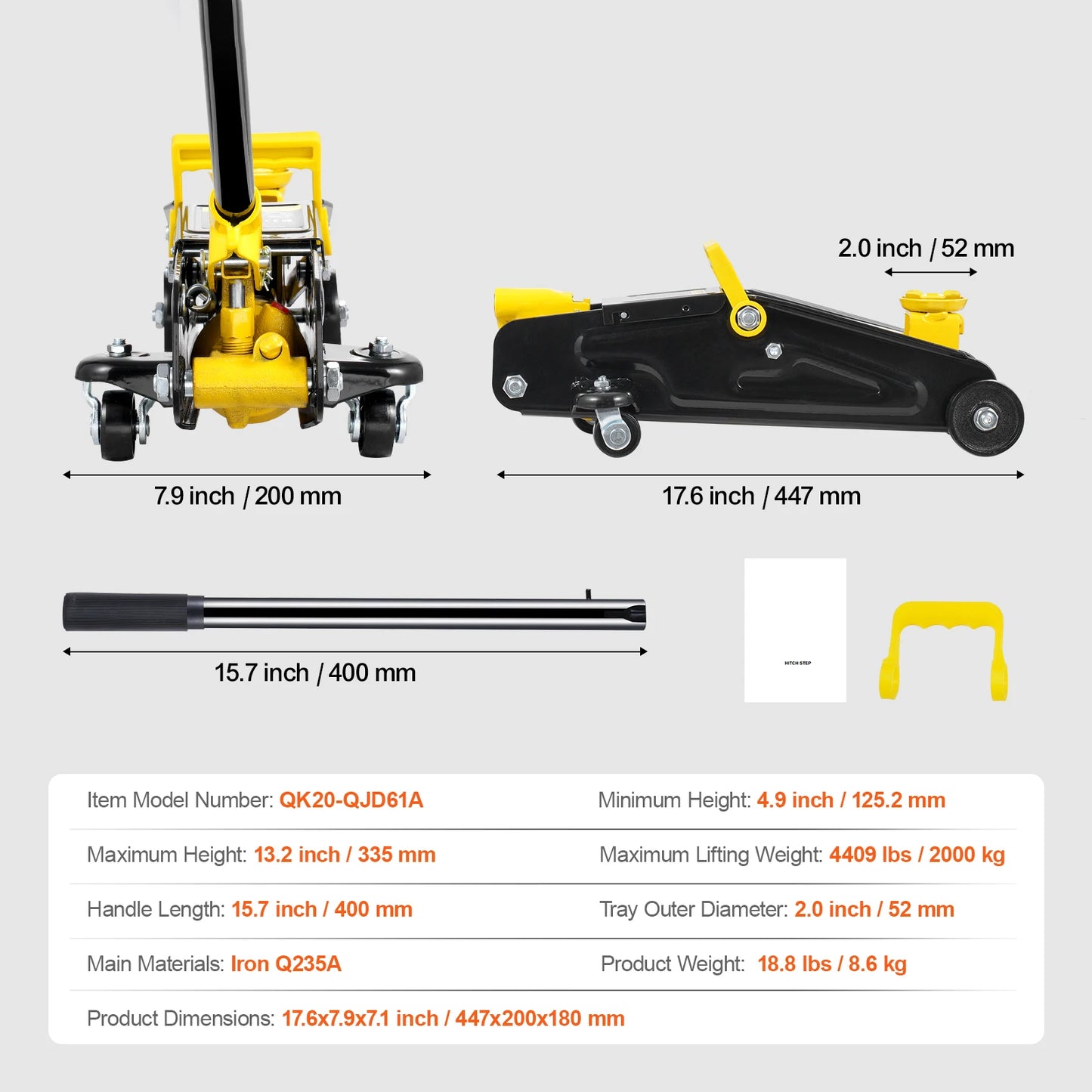 VEVOR 2T Low Profile Floor Jack , Heavy Duty Iron Hydraulic Racing Floor Jack, Hydraulic Car Jack, Single Piston Lift Pump