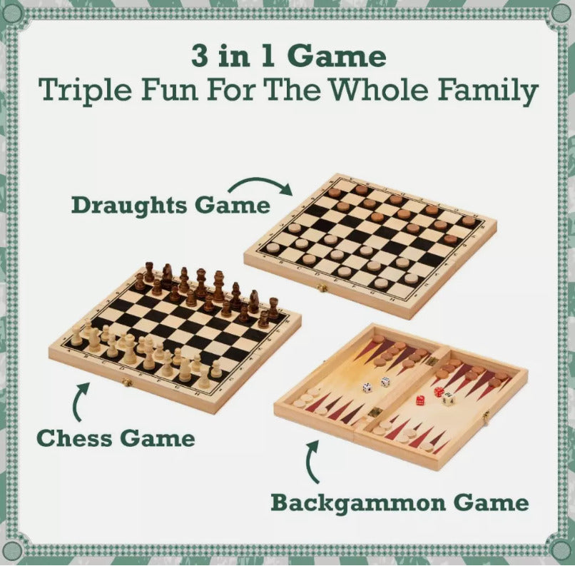 3 In 1 Wooden Chess Set Folding Chess Pieces Wooden Chess Board Family Toy