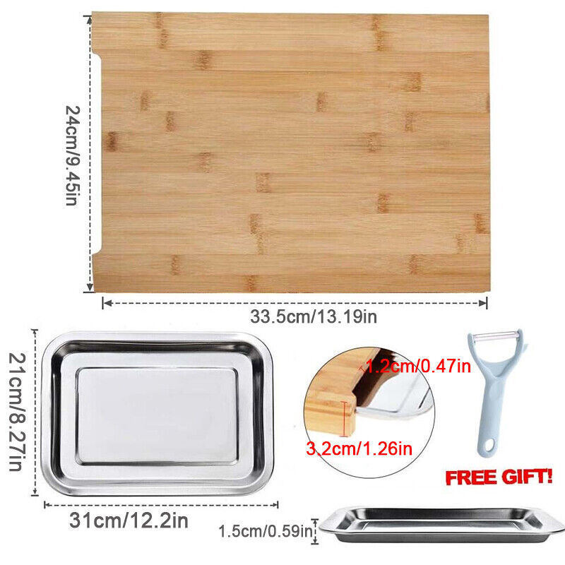 Bamboo Wooden Chopping Board Cutting Slicing Sliding Stainless Steel Tray