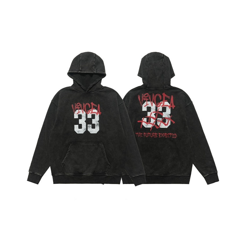 New Retro Digital Printing Washed Old Hooded Fleece Lined Sweater Men