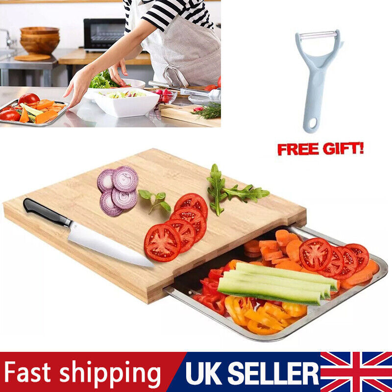 Bamboo Wooden Chopping Board Cutting Slicing Sliding Stainless Steel Tray